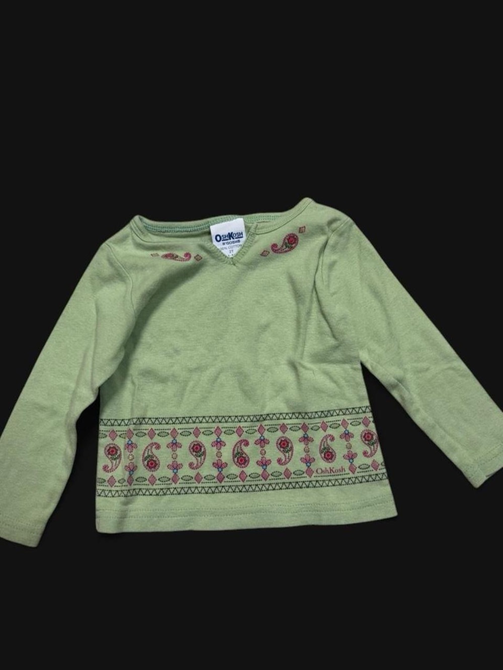 Vintage OshKosh B'gosh Light Green Long-Sleeve Top with Pink Paisley Band